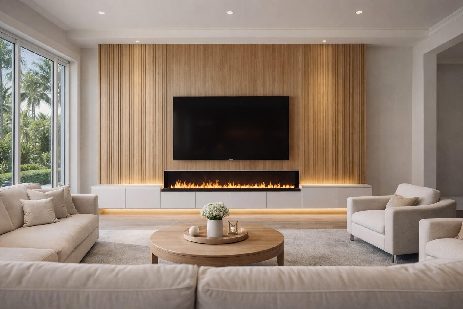 Luxury TV media wall with oak slats, linear fireplace and floating cabinets in Fort Myers Florida living room