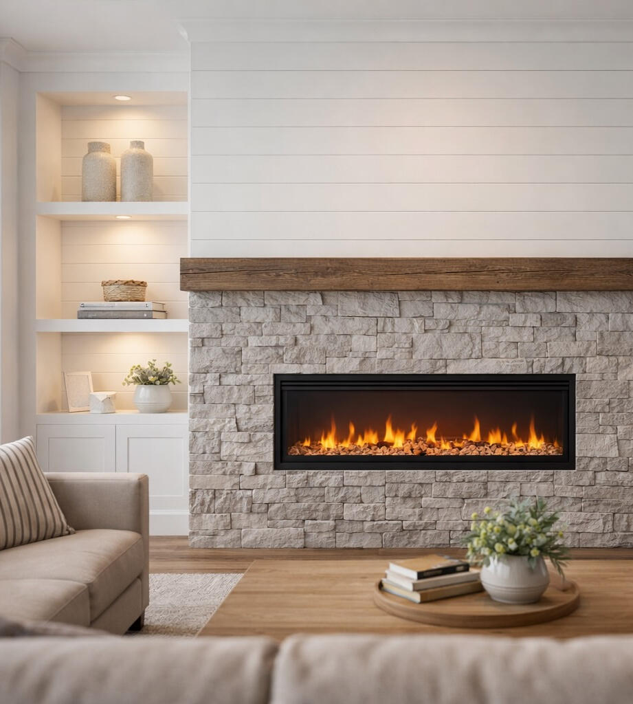 Fireplace feature wall with stone veneer, white shiplap and wood mantel in Fort Myers Florida living room