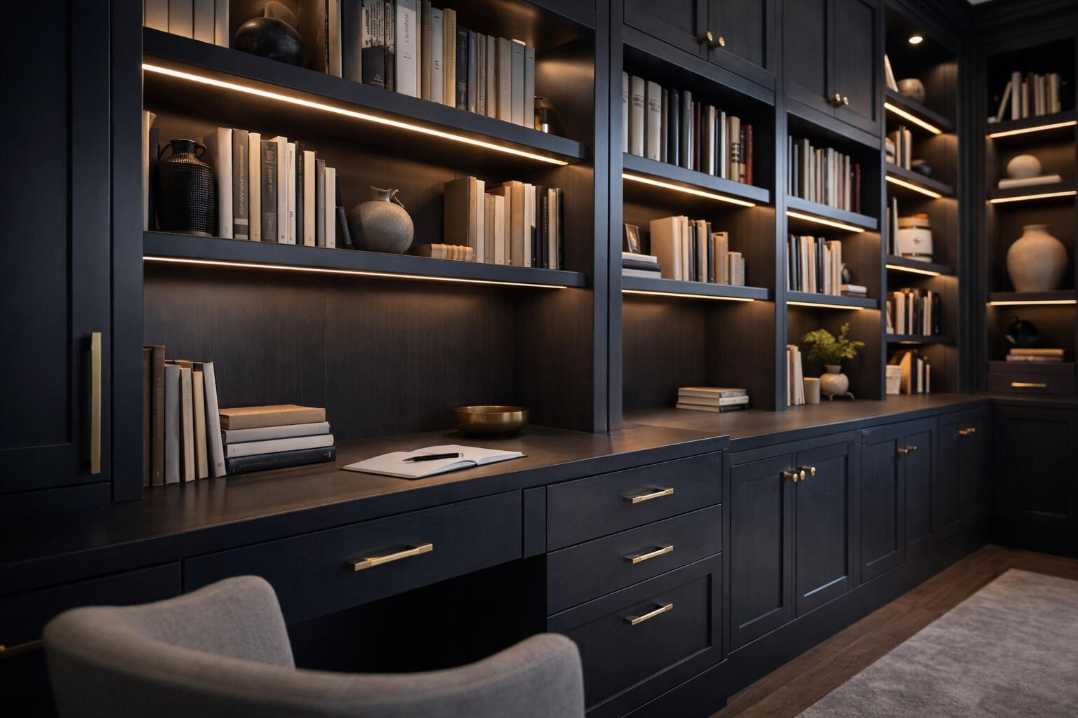 Custom home office library with navy built-in cabinets, brass hardware and LED lighting in Fort Myers Florida